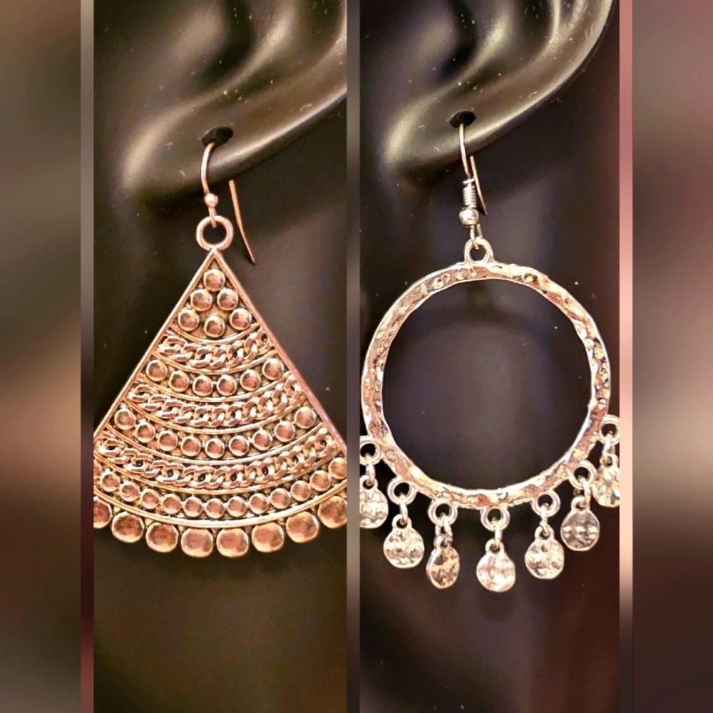 Elegant Silver Hoops and Fan Earrings Set E1P25/6